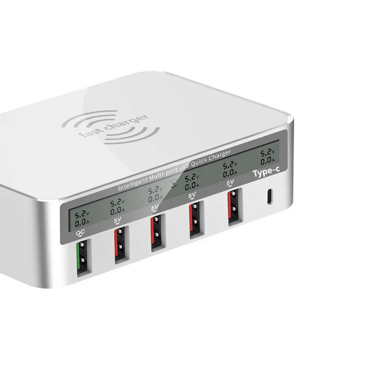 White six-port desktop USB charging station with 5 USB-A and 1 USB-C ports showing QC3.0 fast charge label