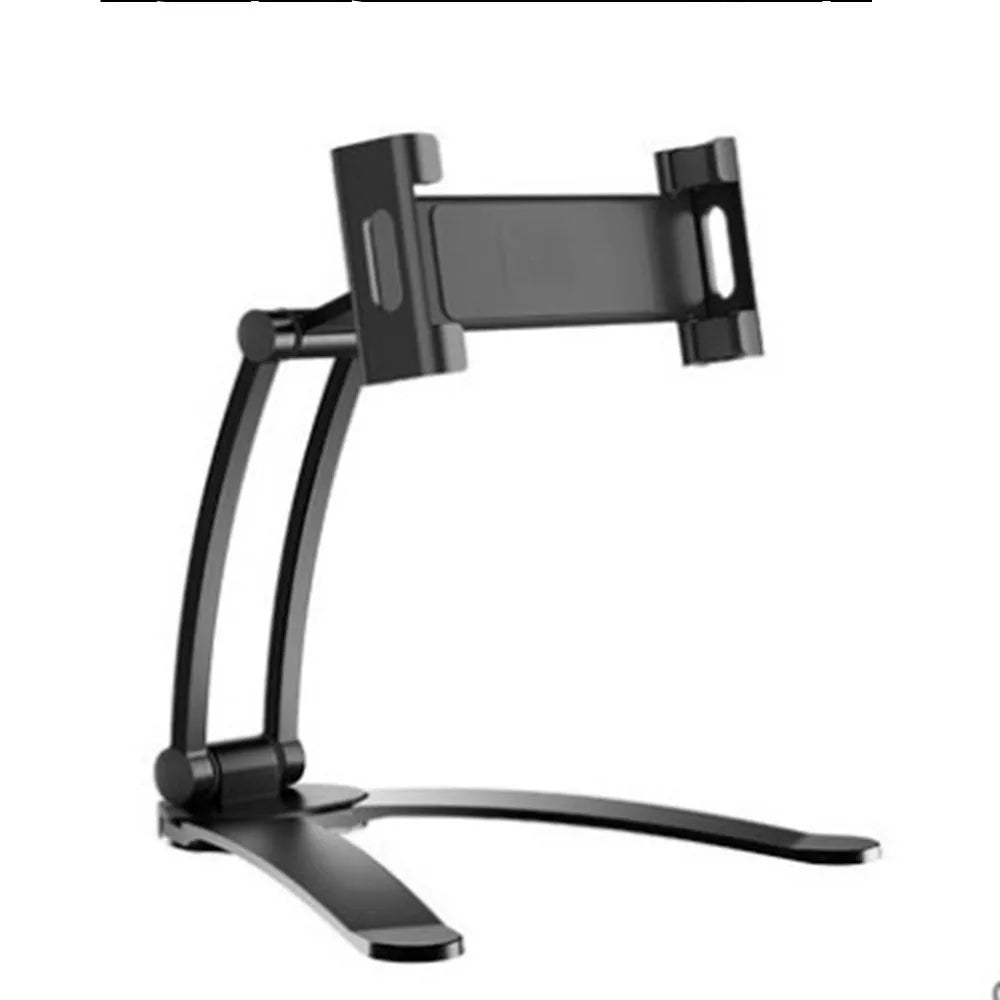 Silver aluminium desktop tablet stand holding a tablet, showing 360-degree rotation and dual adjustable clip design.