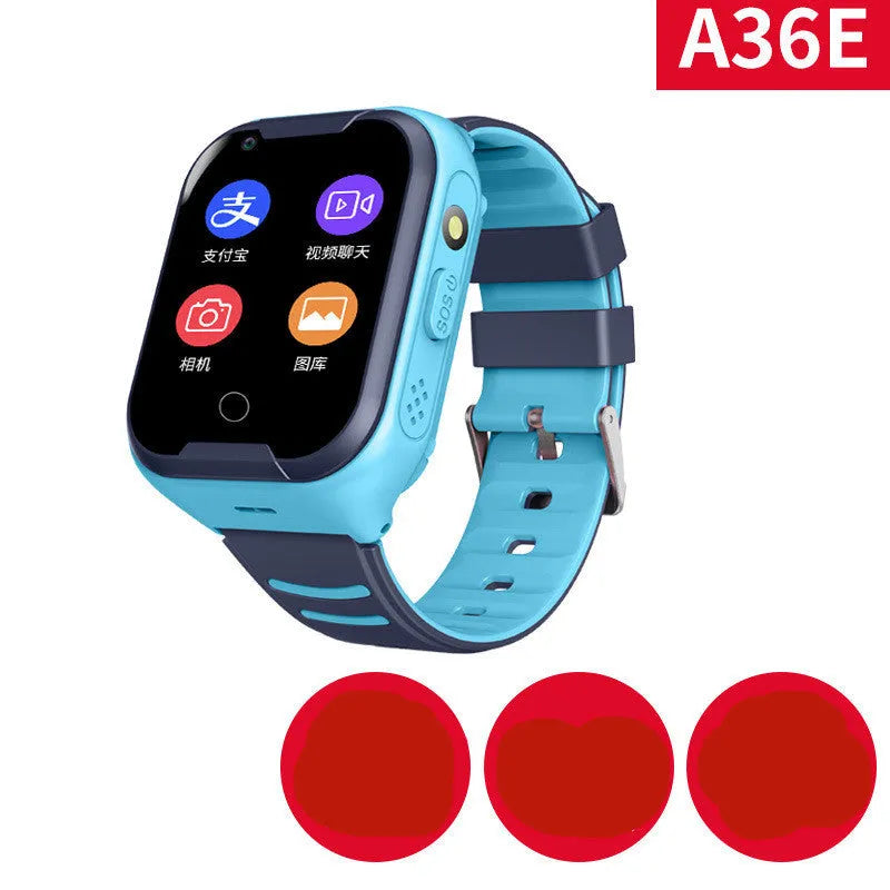 A blue children's GPS smartwatch with a 1.44-inch touchscreen, shown on a wrist.