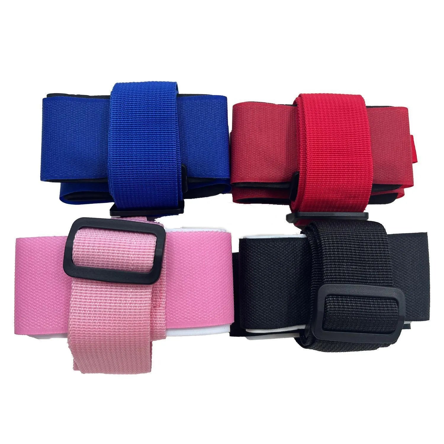 Adjustable hook and loop skiing bandage strap in black, blue, pink, or red colours.