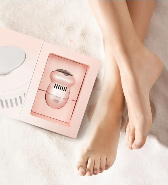 Beige electric foot file grinder with vacuum system and USB charging cable