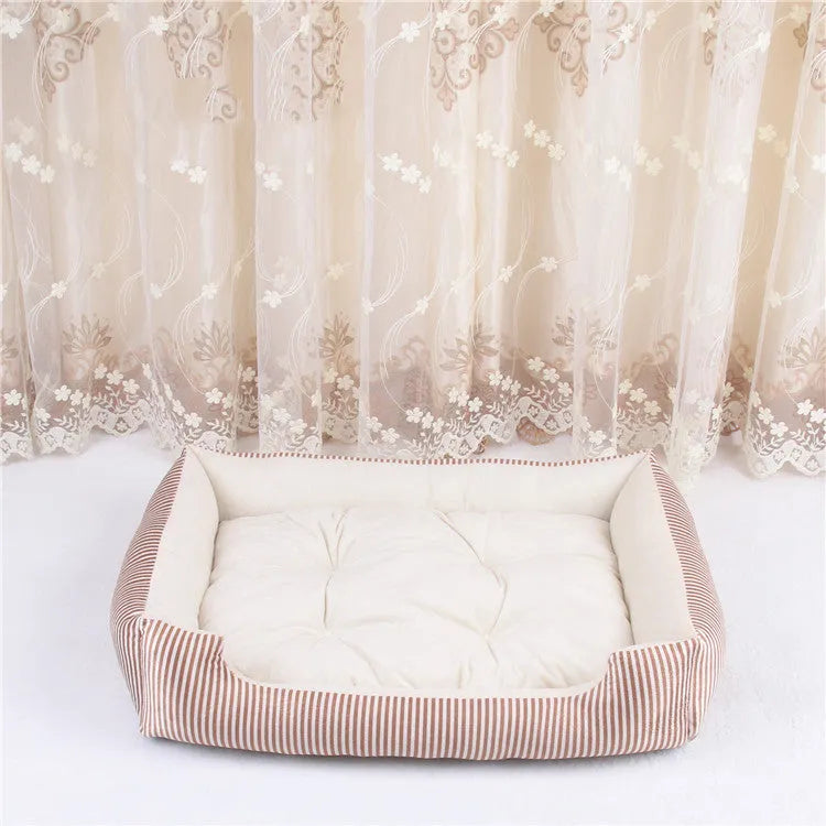 Round cloth pet bed for dogs and cats showing multiple colour pattern options and size range.