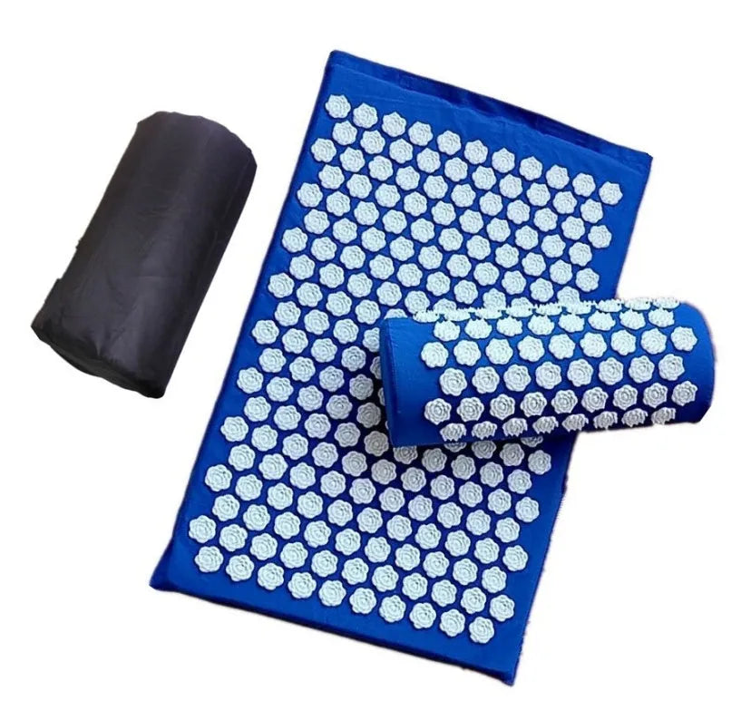 Lotus-shaped acupressure massage mat set with pillow and cloth carrying bag