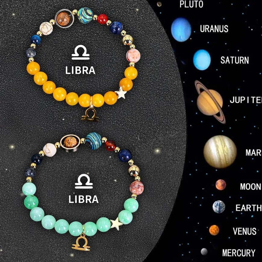 Two natural stone bead bracelets with zodiac charms on a wooden surface, showing adjustable metal slide fastenings.