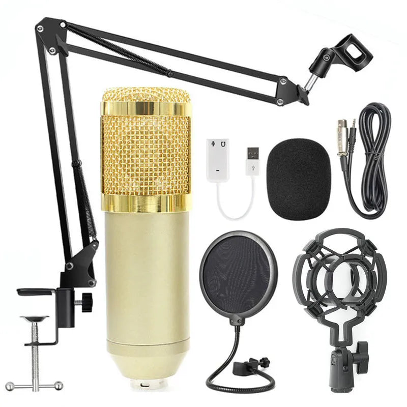 BM-800 condenser microphone with stand in multiple colour options including black blue gold pink red silver white