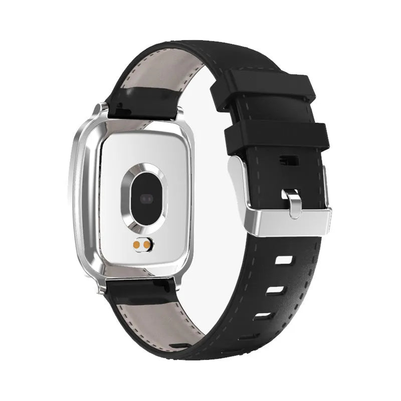 M8 smart fitness bracelet in black on a wrist, showing heart rate data on its full-touch screen.
