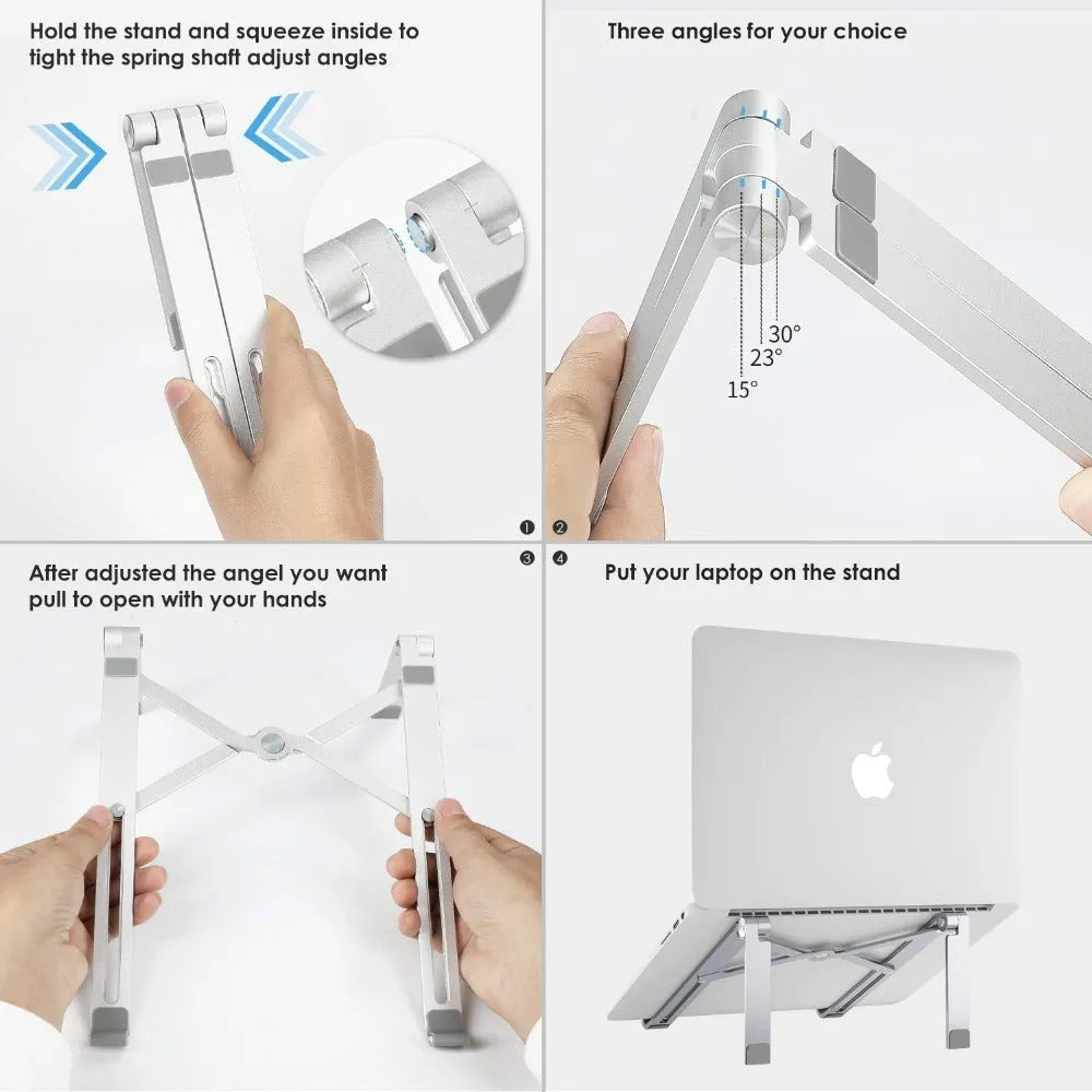 Black aluminium notebook stand supporting a silver laptop on a desk.
