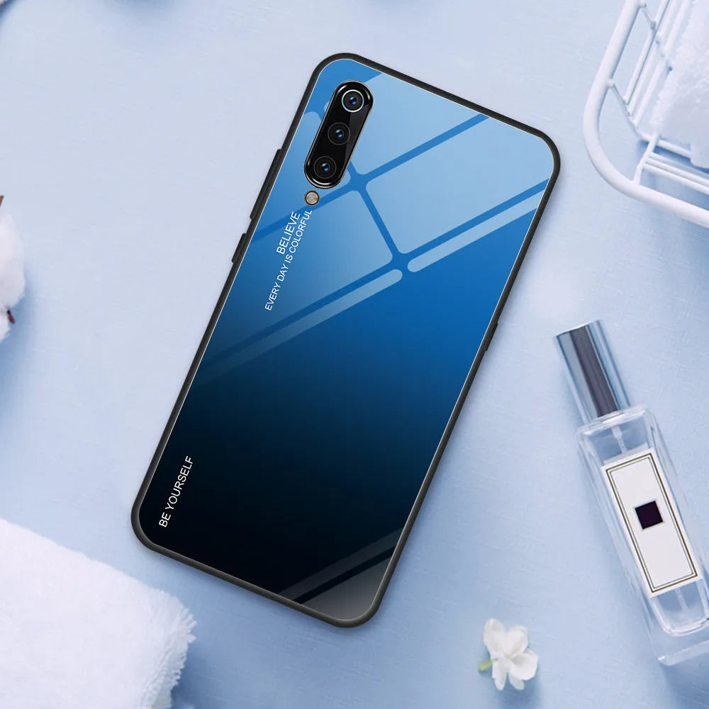Gradient colour-shift phone case with tempered glass back for Redmi smartphones