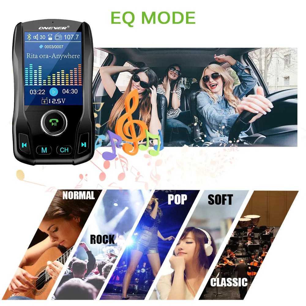 Black car Bluetooth FM transmitter with colour screen and dual USB ports plugged into a car dashboard.