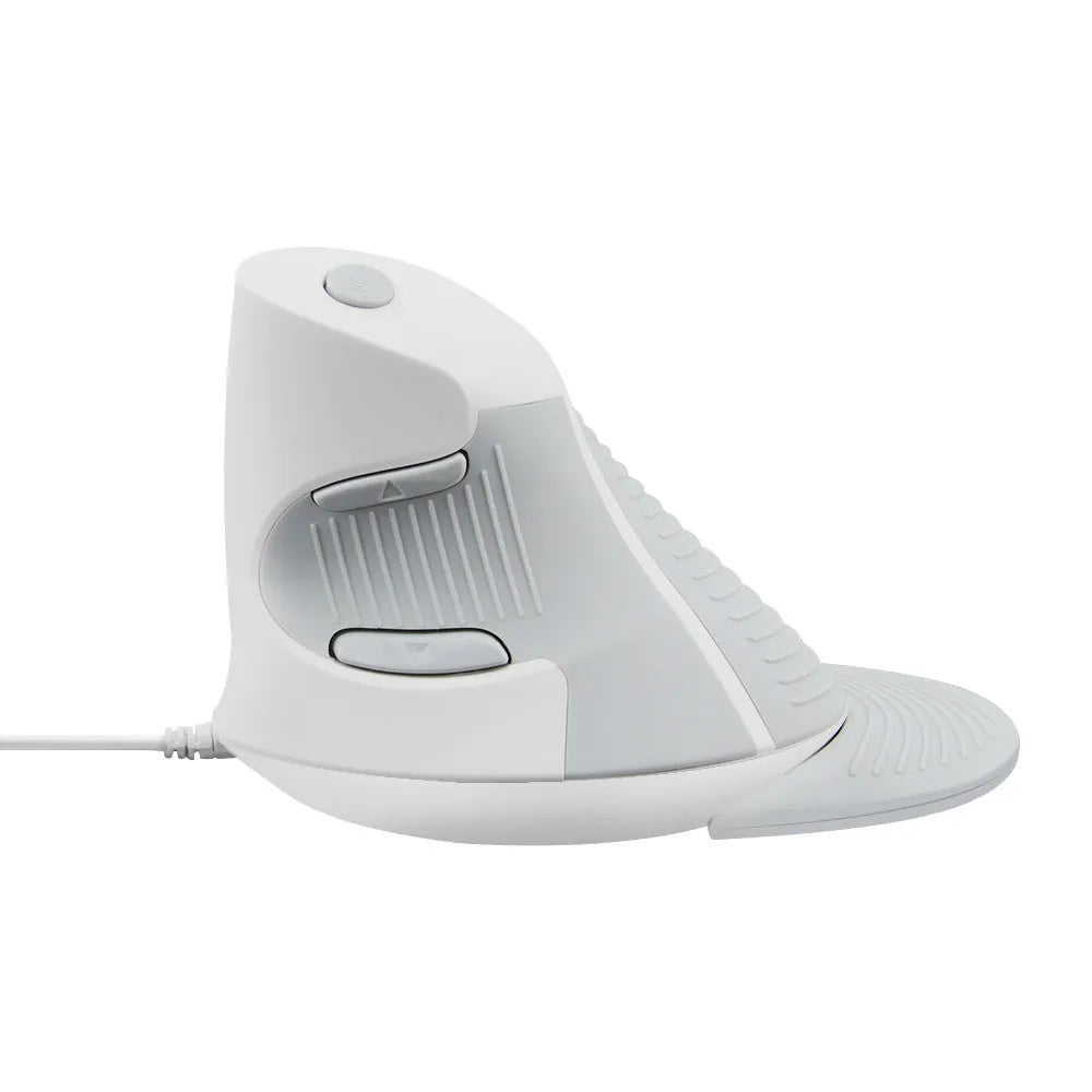 Black and white vertical ergonomic mouse with wired USB connection for desktop computers