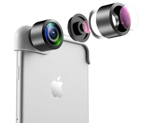 Universal 360-degree panoramic camera lens attached to an Apple iPhone.