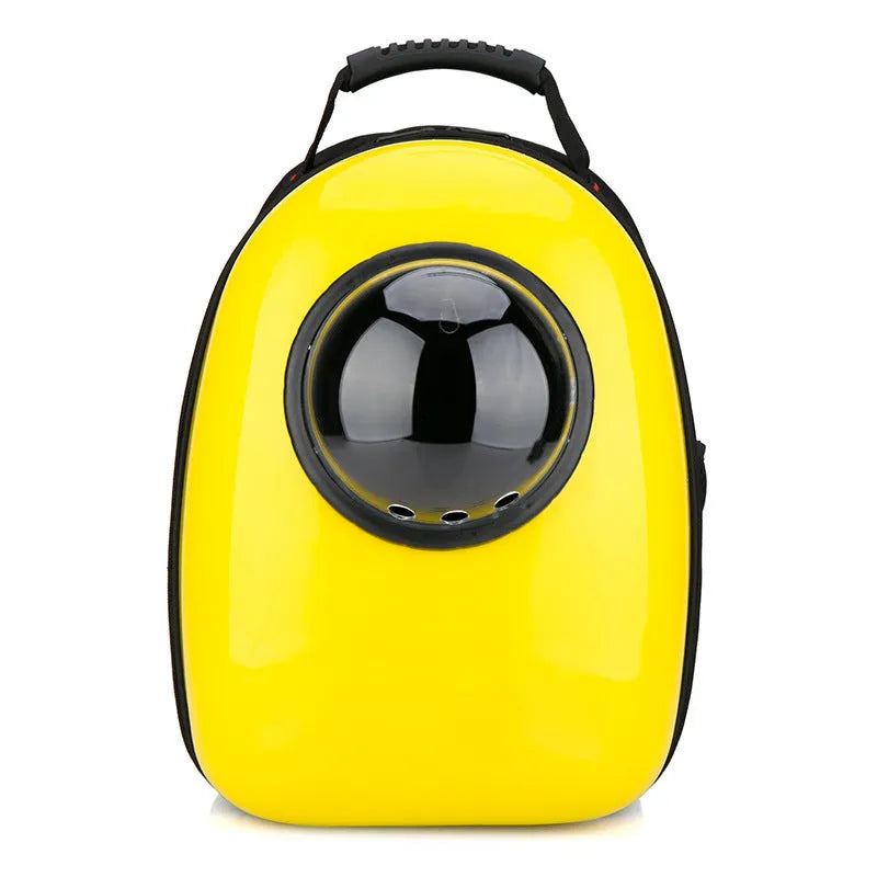 Space capsule pet carrier bag with transparent PC front and Oxford fabric body in blue or patterned finish