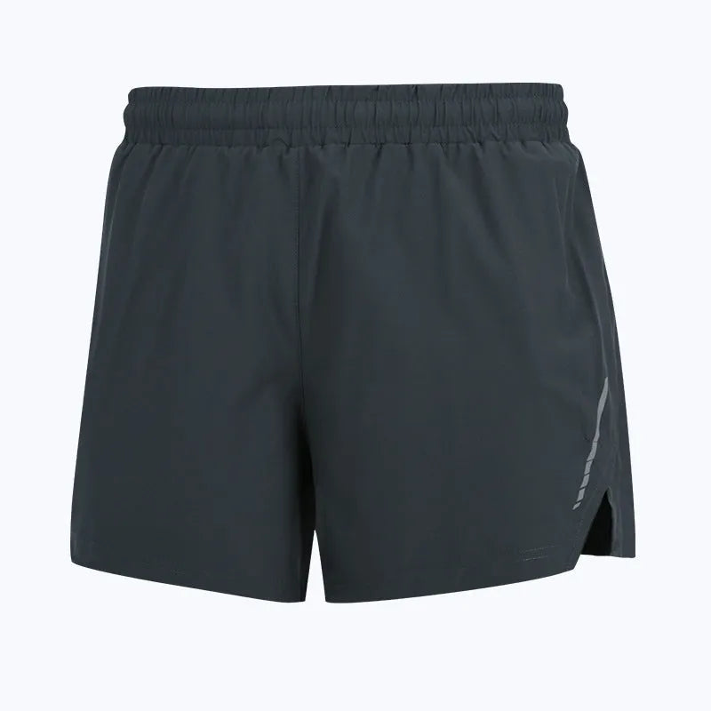 Grey straight-leg men's running shorts made from quick-dry polyester fabric on a white background.