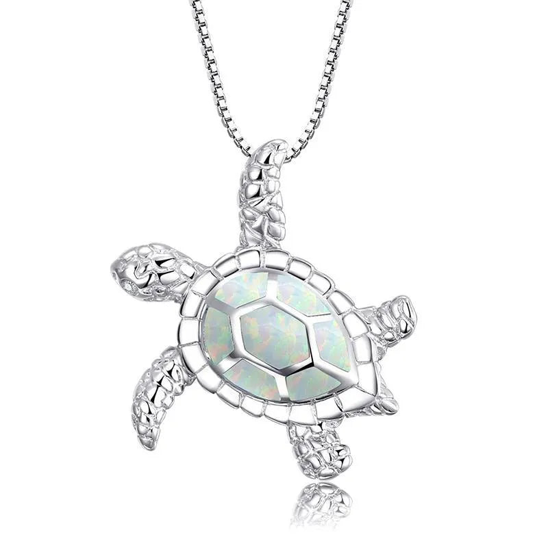Silver filled blue opal sea turtle pendant necklace with vintage finish