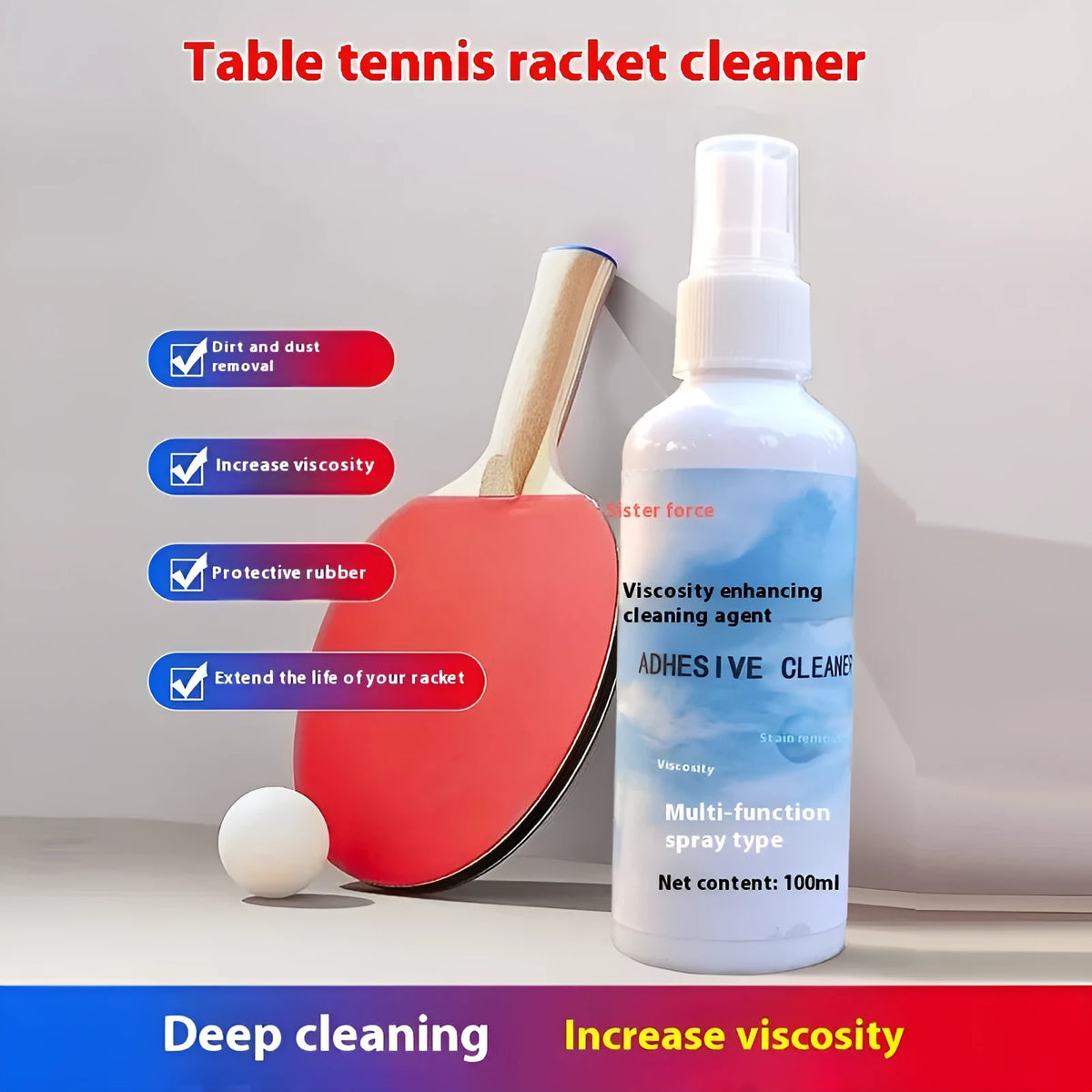 Table tennis racket cleaner 100ml with sponge wipe and grip tape options