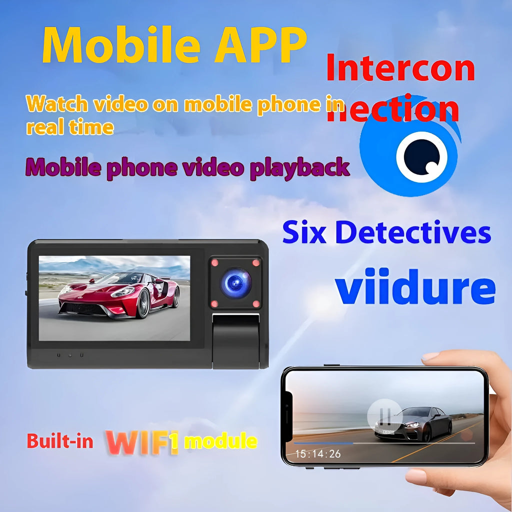 G50 black dashboard camera with 3-inch touchscreen display mounted on car windscreen
