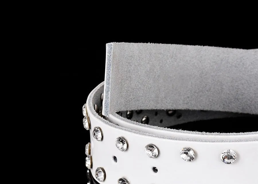 Ladies cowhide leather belt with rhinestone D-shape pin buckle, diamond-studded pattern, available in multiple colours and sizes