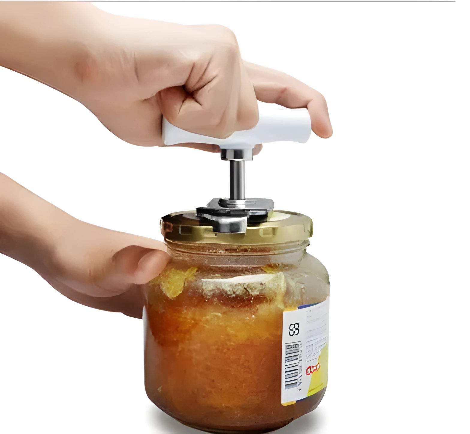 White stainless steel adjustable bottle opener with ABS plastic handle showing gear mechanism