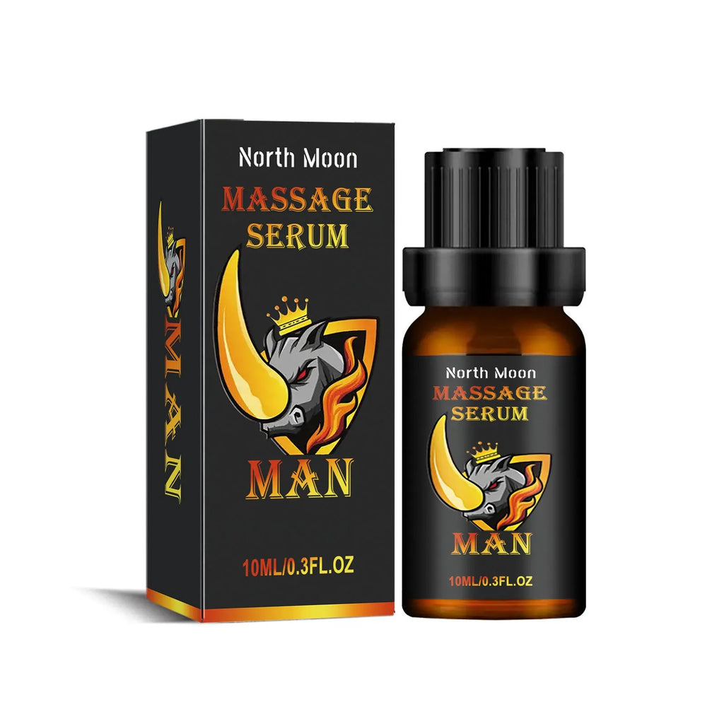 10ml glass bottle of amber men's vitality massage essential oil with a dropper.