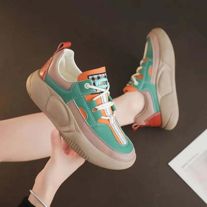 Women's fashion thick sole stitching sneakers in beige with round toe and lace-up closure