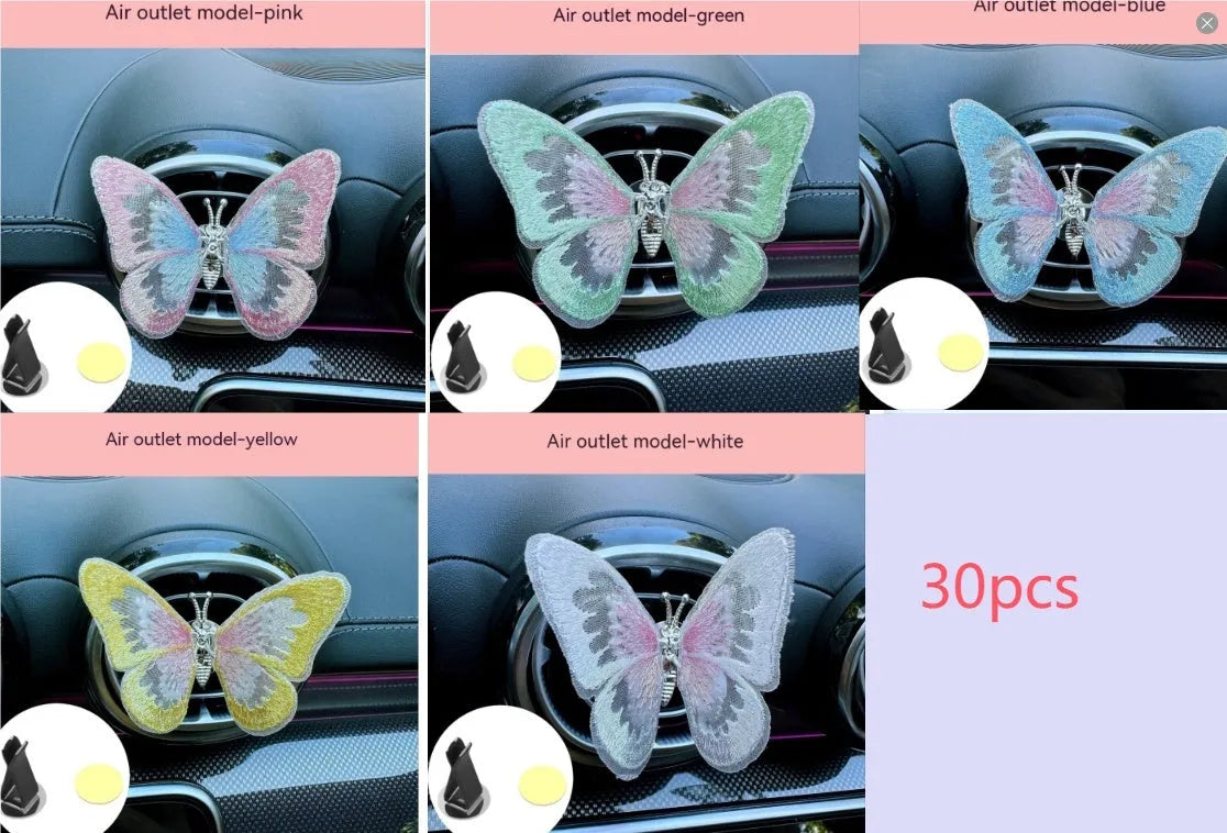 Moving embroidery butterfly fabric car centre console air vent decoration in multiple colour options
