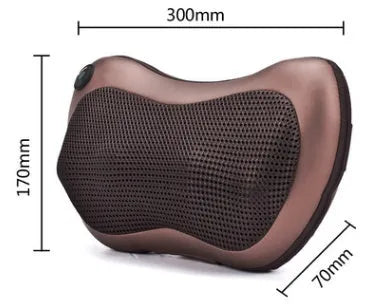 Electric neck massage pillow, coffee colour, 33x29x11cm, with infrared therapy and kneading rollers for home and car use.