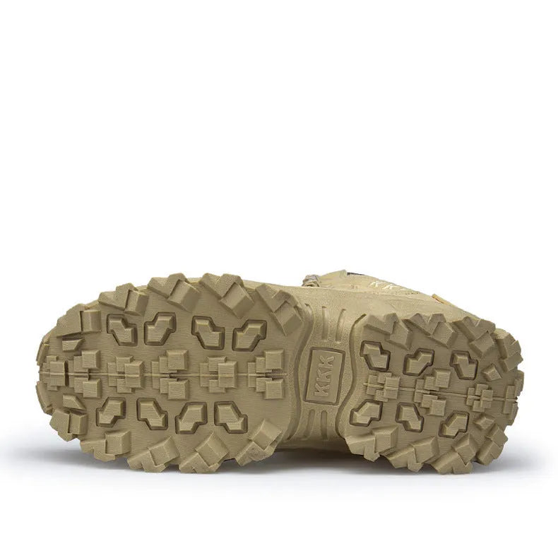 Men's black US Army Delta tactical boots with leather and velvet uppers on an outdoor trail.