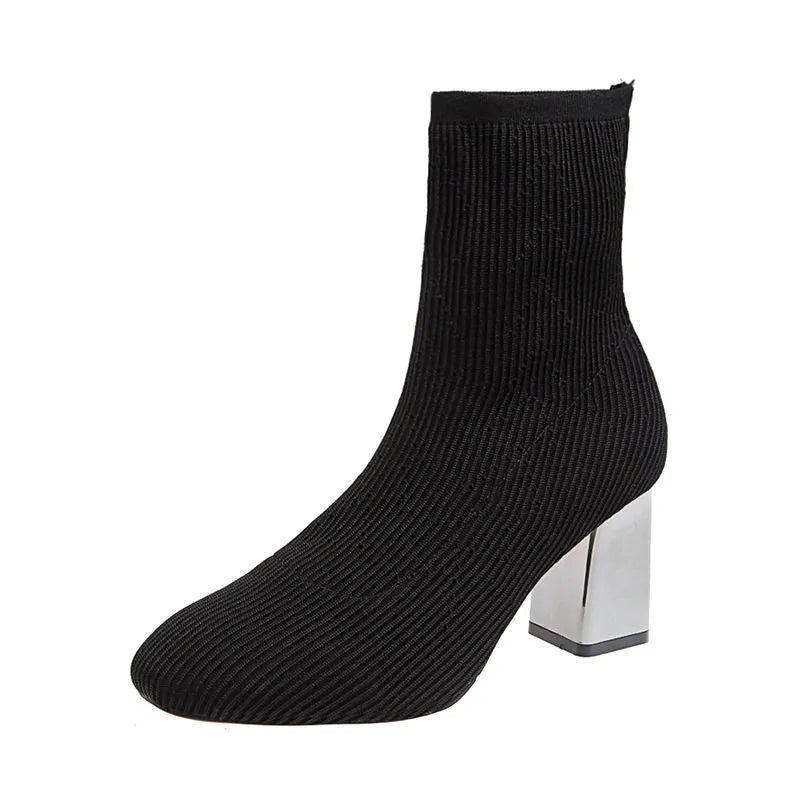 Elastic women's boots flat heel mesh panel short tube PU black colour size 34-40