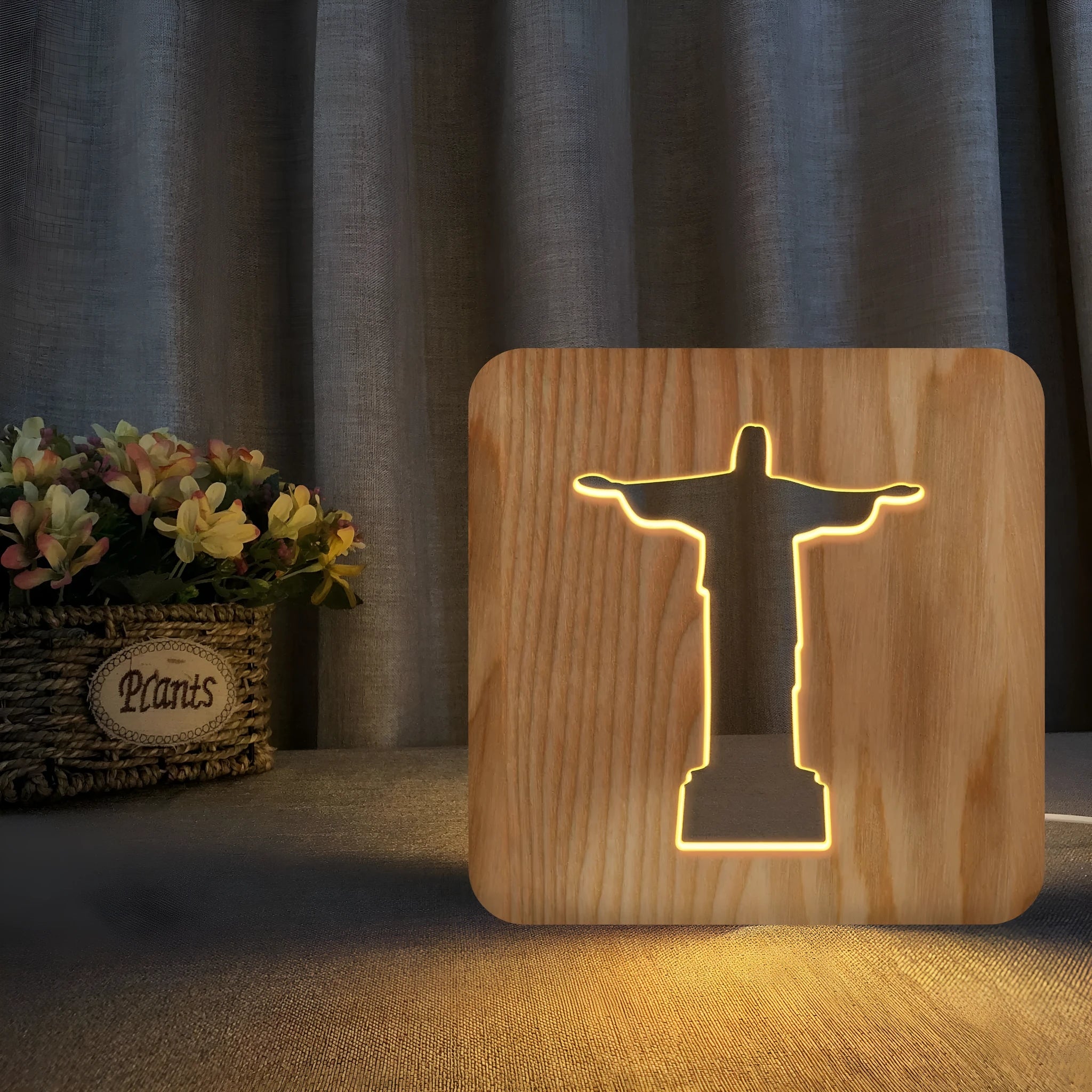 Solid wood hollow night lamp with warm white LED illumination and square wooden frame