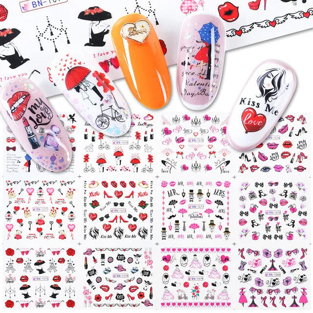 Love lip print letter nail sticker sheet measuring 16x25.5cm with black and red kiss designs