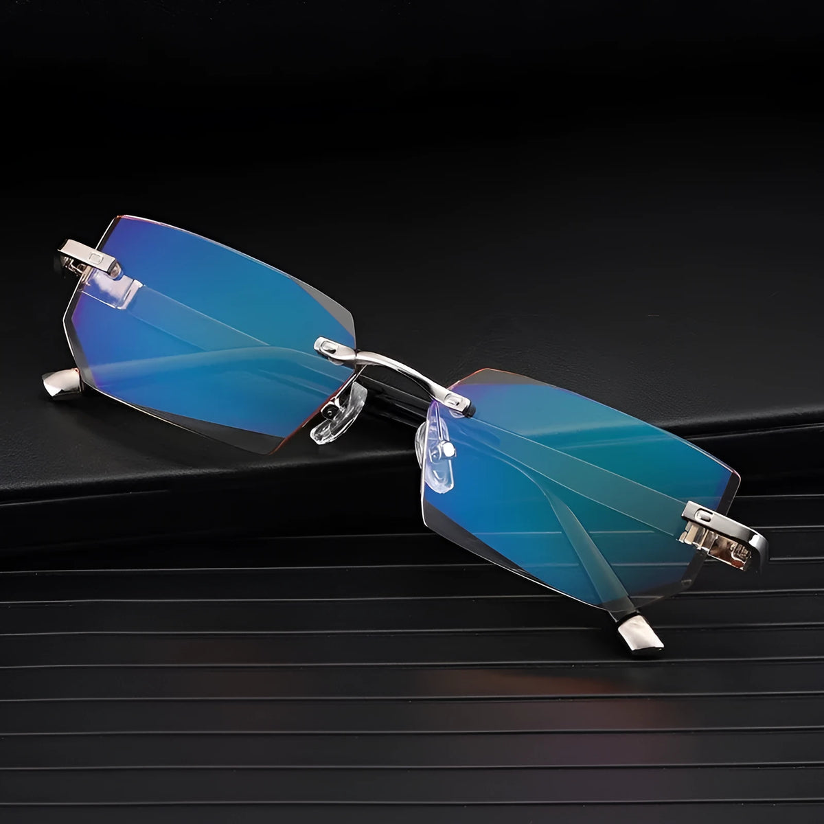 Black metal diamond-cut reading glasses with tan accents on the temples, unisex design, available in 100 to 400 degree strengths.