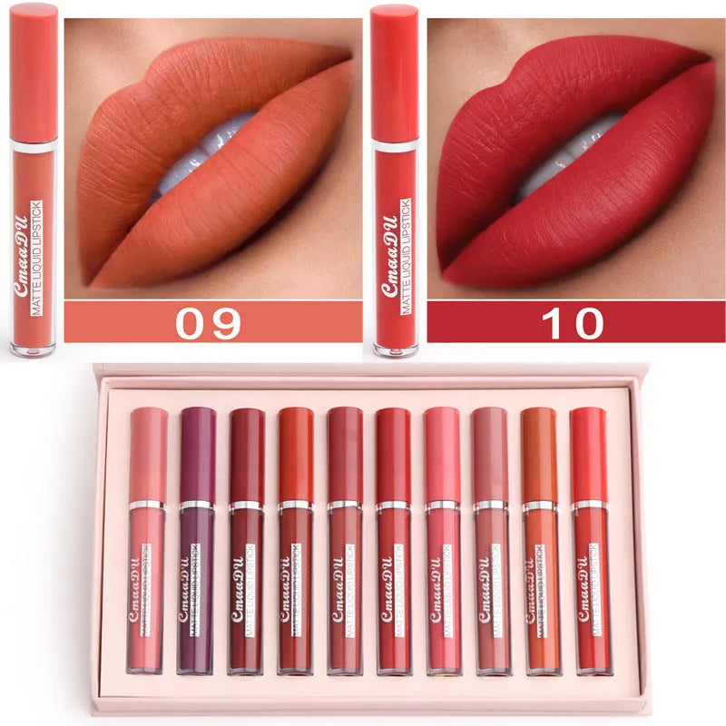 10-pack women's waterproof matte lipstick set with compact packaging and photo-ready colours