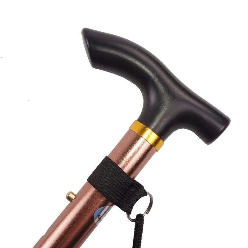 Aluminium alloy folding walking stick shown extended, with rubber handle and tip.