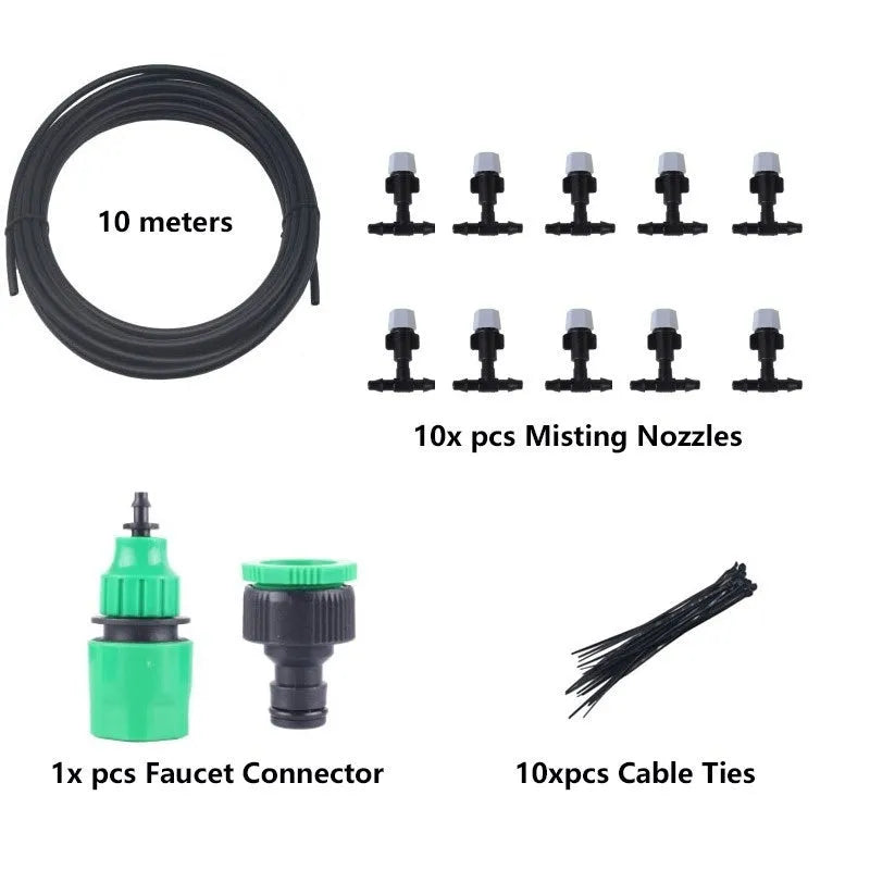 10-metre long green garden irrigation hose with 10 small micro spray heads for misting plants