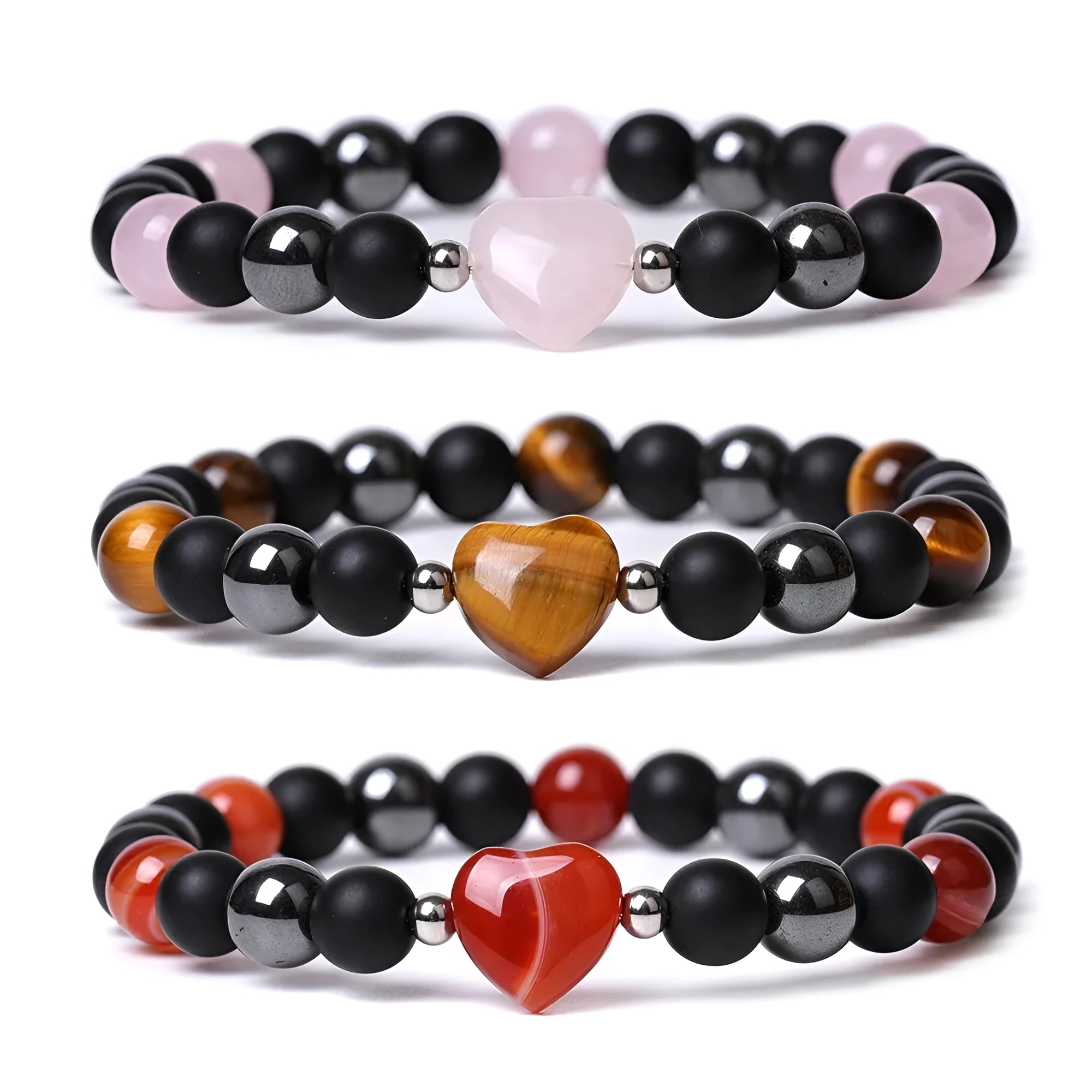 Hand-cut stone peach heart bracelet in Tigereye with geometric design and celestial moon planet motifs