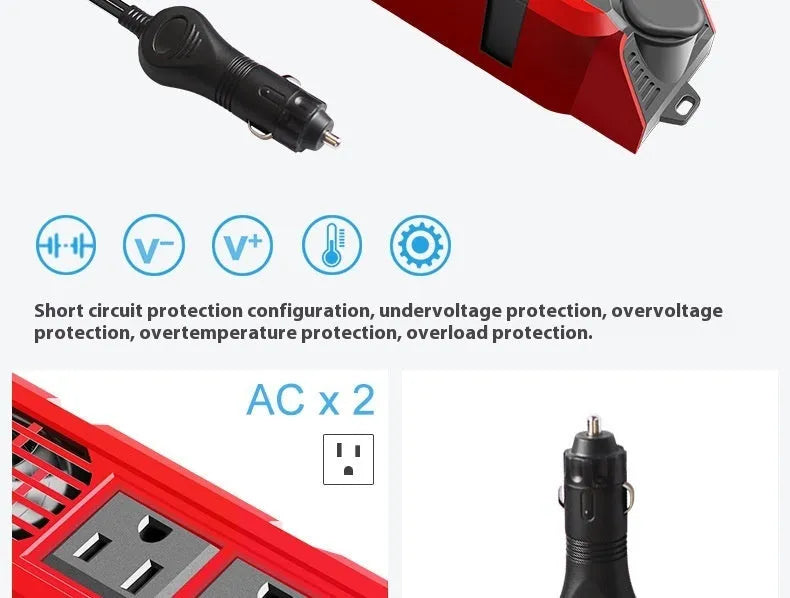 E8960 200W 12V to 110V car power inverter with USB ports, Type-C, and temperature-controlled fan