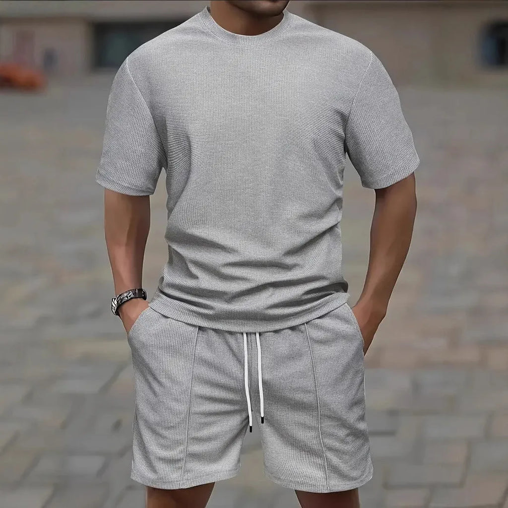 Men's waffle texture short sleeve blouse and pants summer set in polyester fibre