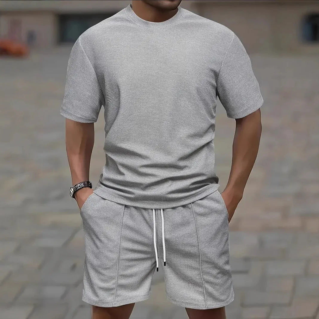 Men's waffle texture short sleeve blouse and pants summer set in polyester fibre
