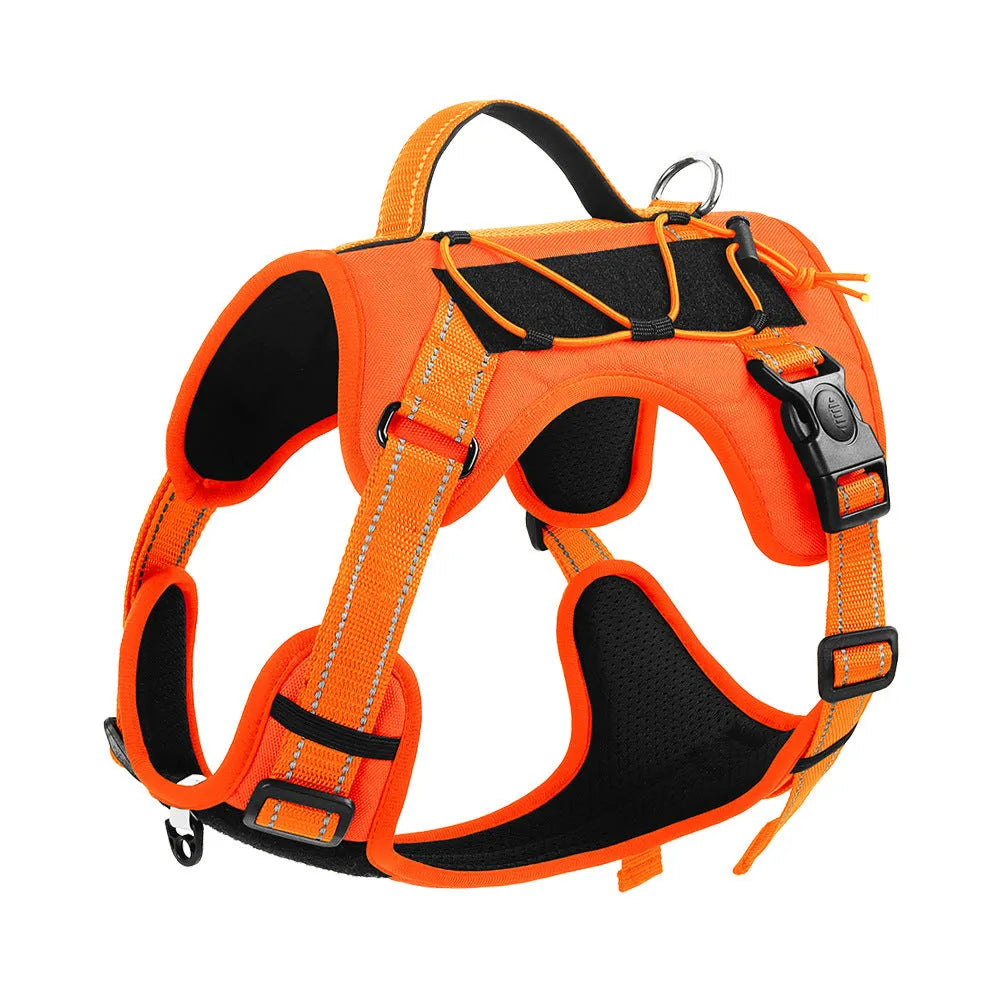 Orange reflective dog harness vest with explosion-proof hand-holding rope on a model dog