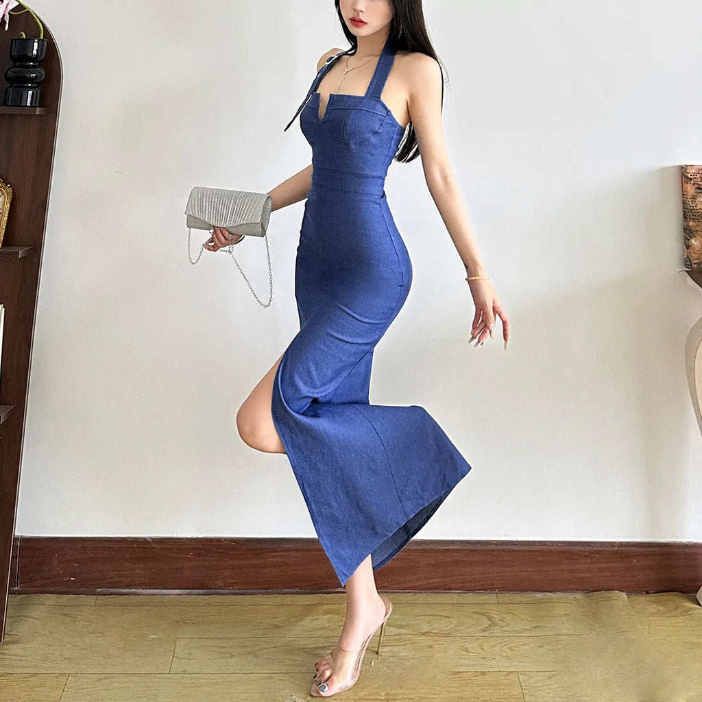 Retro blue denim slim-fit halter dress with slit design and A-line skirt