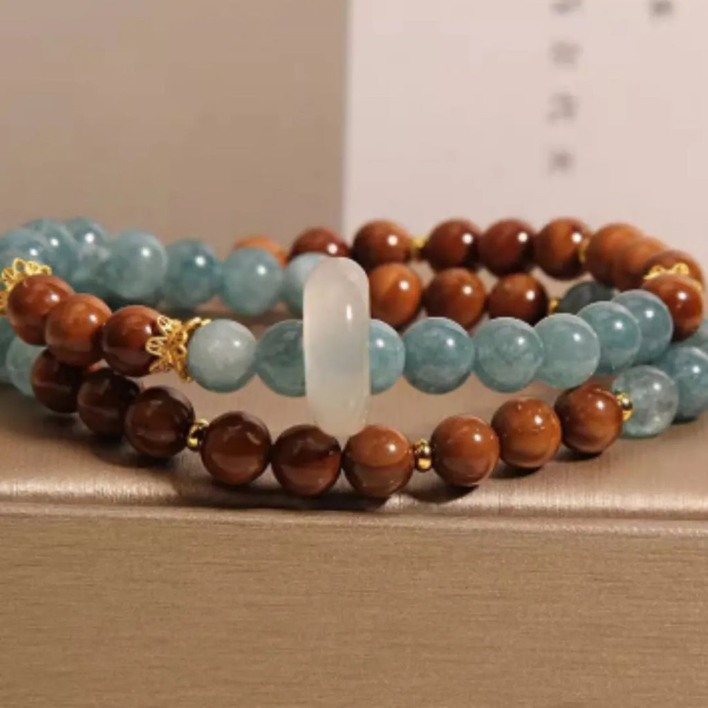 Double ring bracelet for women in cook blue water jade colour with natural crystal semi-precious stone and electroplated geometric round design