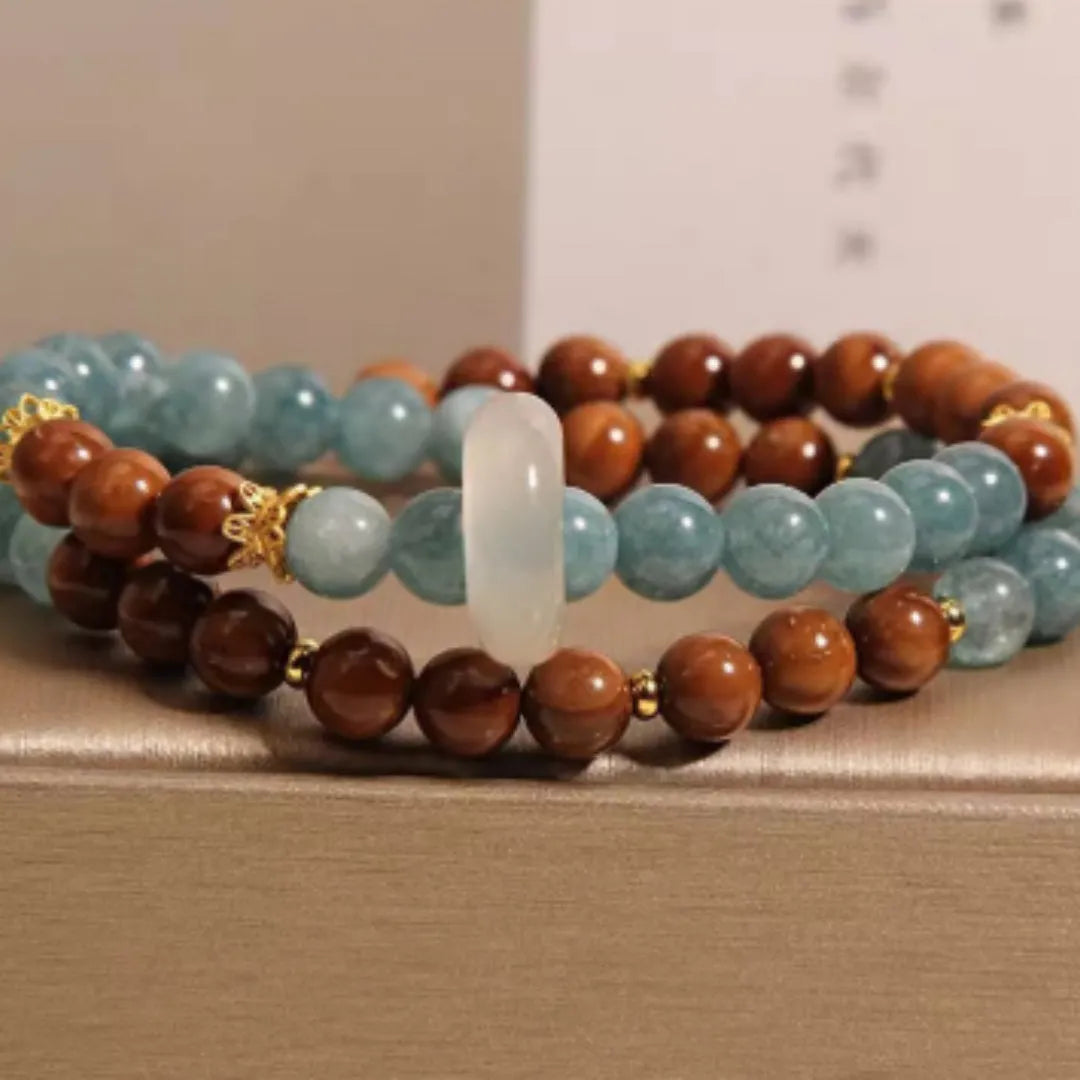 Double ring bracelet for women in cook blue water jade colour with natural crystal semi-precious stone and electroplated geometric round design