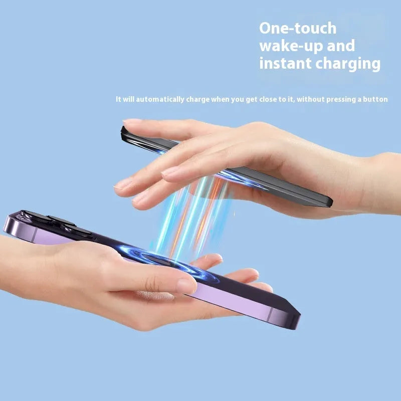 Ultra-thin dark gray magnetic power bank showing slim 9mm profile and compact size next to a smartphone.