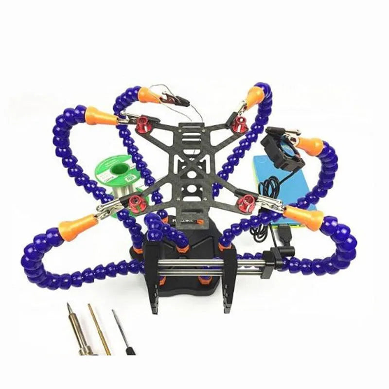 Six jaw aluminium alloy welding station with seven arms on a non-slip base, shown in black and purple colour options.