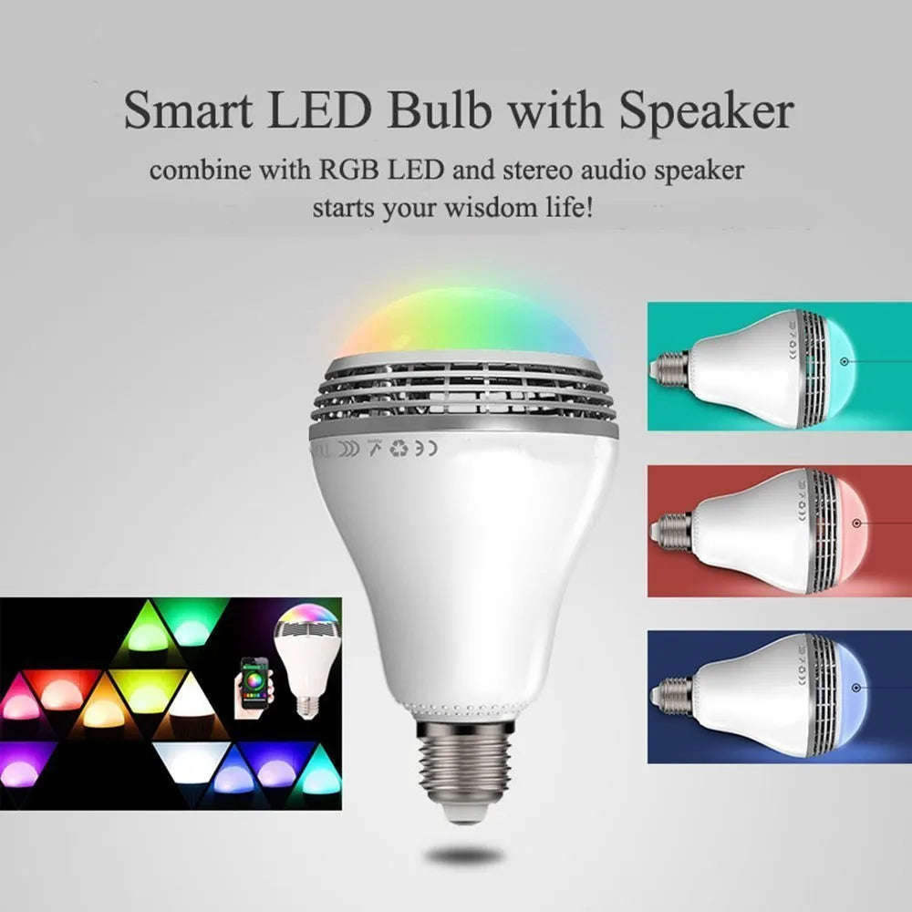 E27 LED smart bulb with integrated Bluetooth speaker showing dimensions and RGB lighting capability