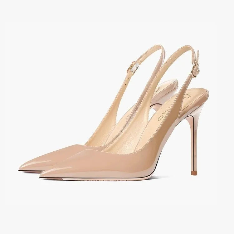 Women's nude soft leather ankle-strap high heels with hollow heel design and button closure