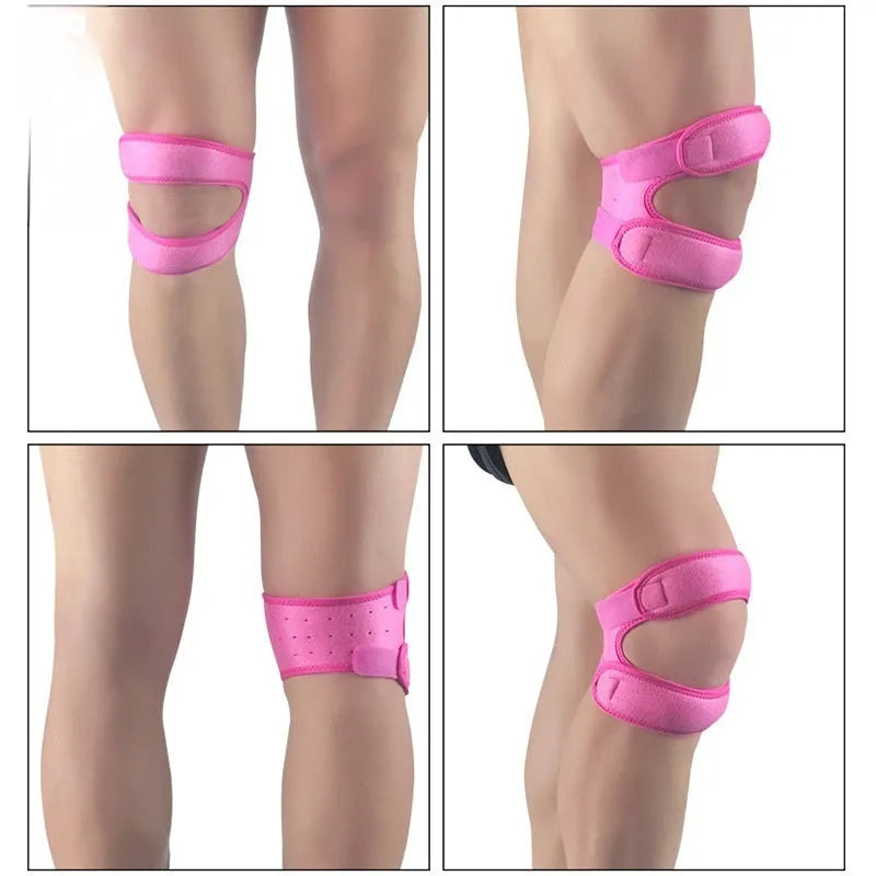 Shock absorption sports leggings with integrated knee pads in black, blue, grey, and rose red colours.