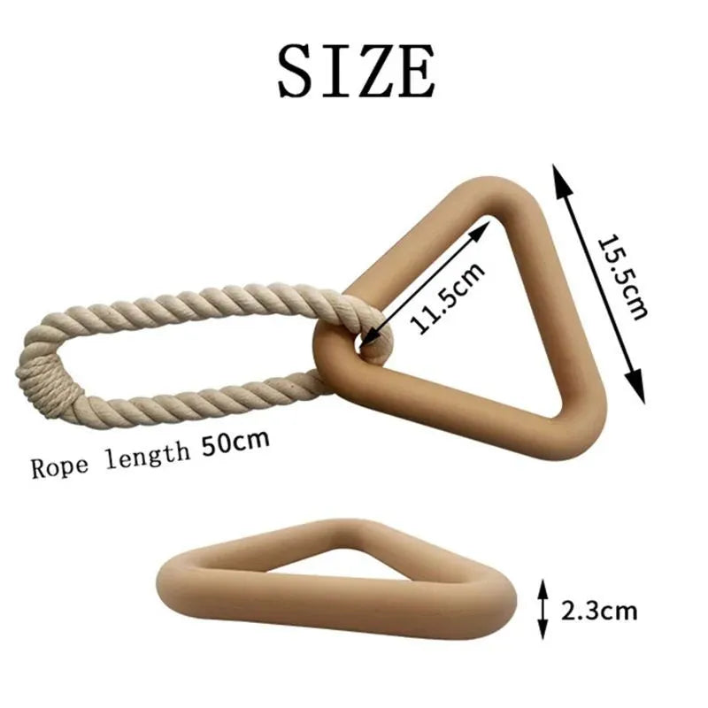 Triangular cotton rope dog pull toy in beige colour on wooden floor