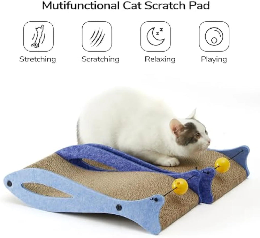 Blue fish-shaped cardboard cat scratcher lounge with a hanging red ball toy.