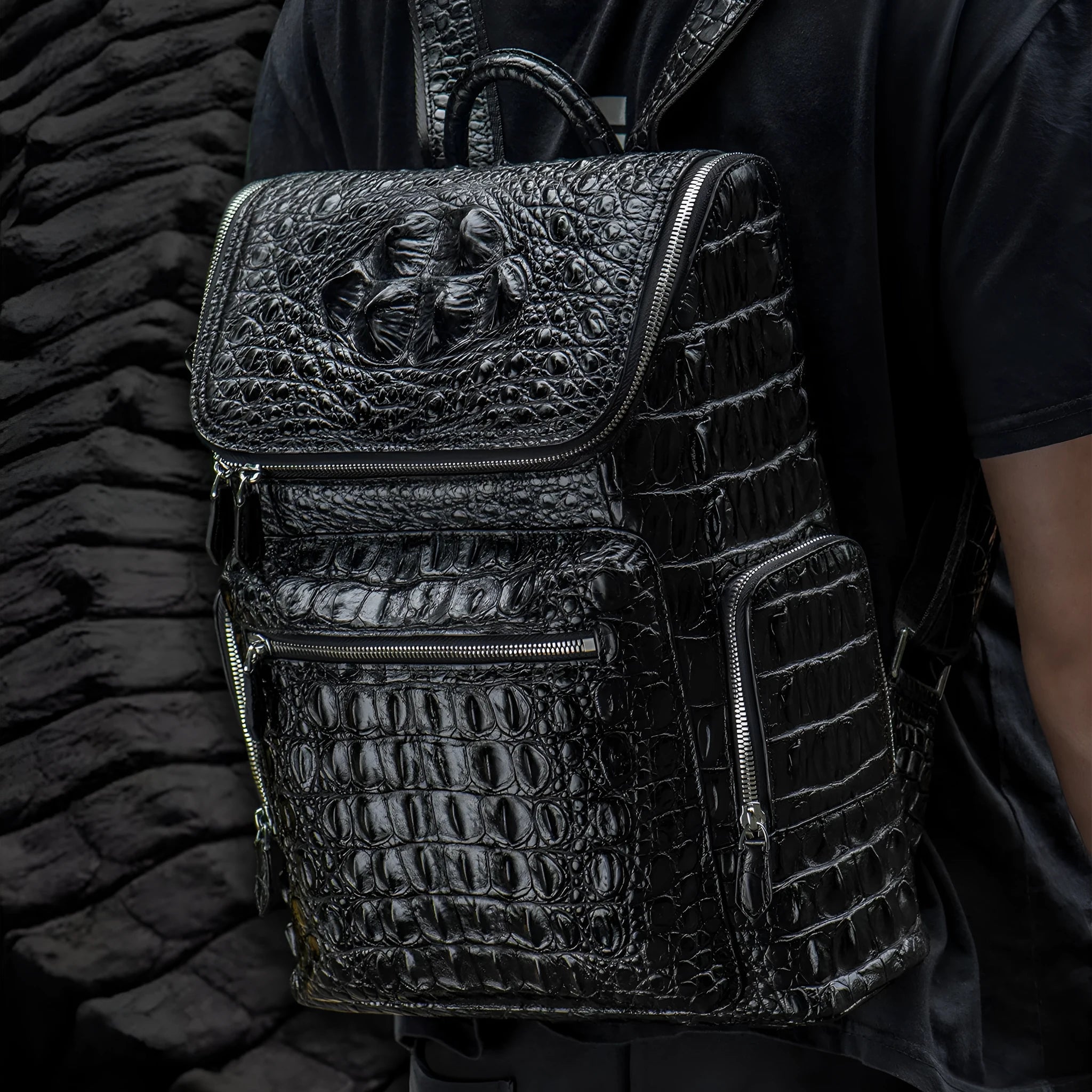 Kurayoshi handmade crocodile leather backpack vertical square shape large capacity 14 inch laptop bag